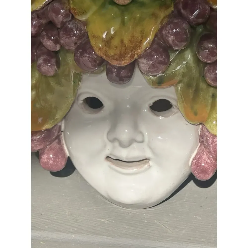 VTG Ceramiche Villani Firenze Italy Wall Mask Grape Leaf Ceramic Face Art Signed